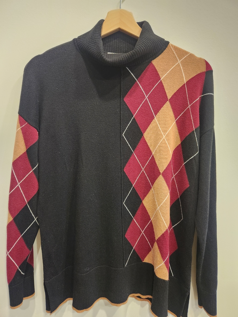 Women's Black Cowl Neck Sweater with Burgundy and Tan Argyle Detail